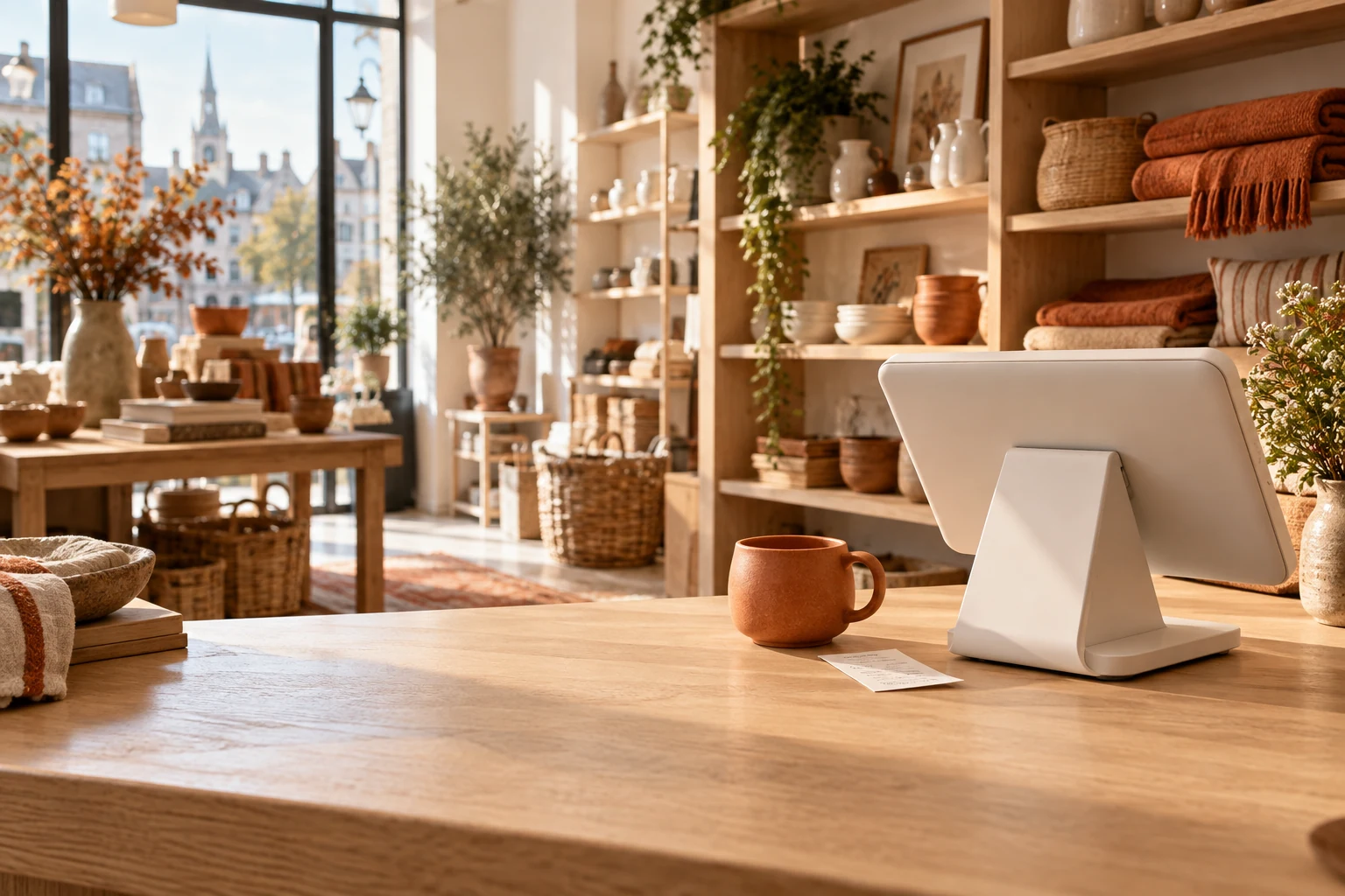 Comptoir d’une boutique de décoration, terminal de caisse et étagères de produits